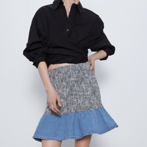 Zara Tweed and Denim Combination Mini Skirt - Picture 1 of 8